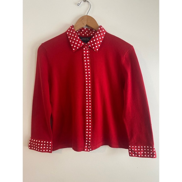 Jones New York Signature Sweaters - Jones NY Signature Snap Front Red Polka Dot Knit Cardigan Top Size S